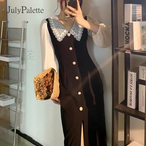 JulyPalette Elegant Ladies Lantern Sleeve Slim Dress Vintage Lace Peter Pan Collar Women Sexy Black Split Button Party Dress New