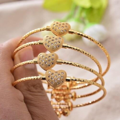4Pcs/lot Dubai France Gold Color Bangles For Women Female Zircon Stone Adjustable Bracelets Cold Color Bangles Heart bracelet