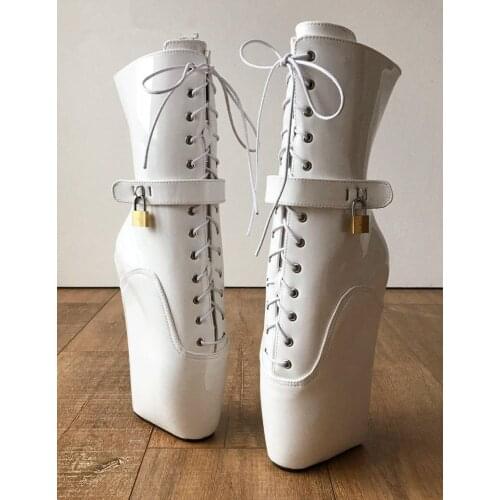 White Sexy Ballet High Heel Fetish Boots Big Size Exotic Dancer Shoes Round Toes Lace Up Goth Extreme Heels For Women