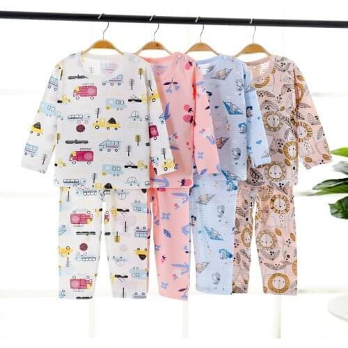 Kids Summer Pajama Sets Cartoon Dinosaur Print Childrens Breathable Cotton Long Sleeve Thin 2-piece For 1 2 4 5 6 7 8 9 10 Yrs