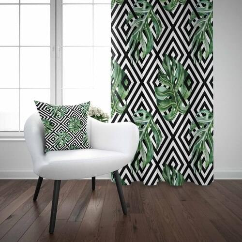 Else Black White Tiles Green Leaf 3D Backdrop Curtain-140Cm x 270Cm