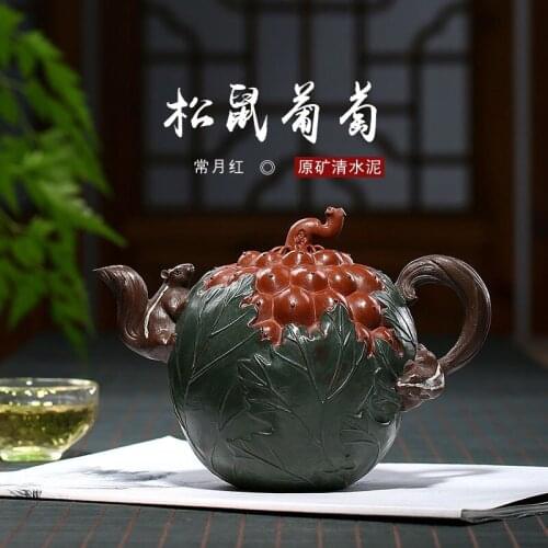 Clay pot, raw ore, clean cement, all hand teapot, changyuehong squirrel, grape, tea set, gift, customized wholesale