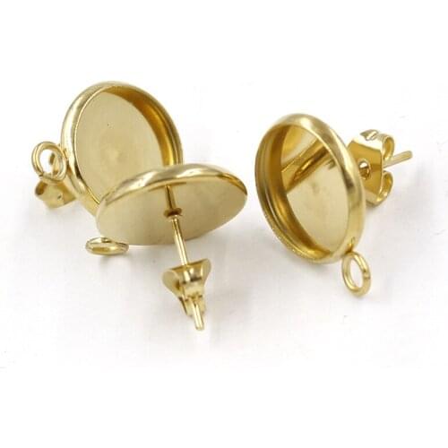 10pcs Fit 12mm Glass Cameo Cabochon Earring Posts With Loop Round Pendant Ear Base Tray Bezel Blank Setting Making Diy Findings