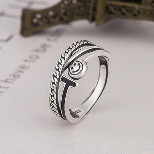 SA SILVERAGE Retro Smiley Face Chain T Ring Jewelry Silver 925 S925 Sterling Silver Ring Female Mens Ring Fashion Marcasite