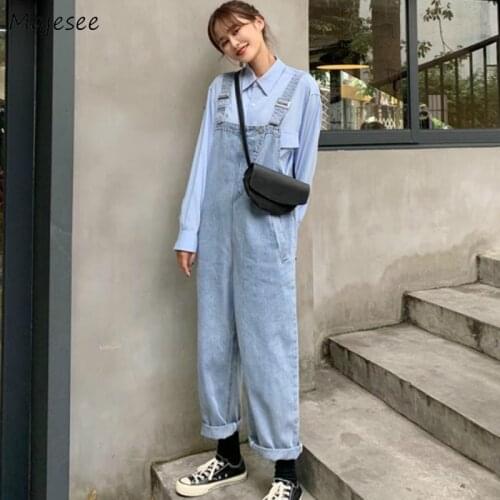 Jumpsuits Women Light Blue Cowboy Denim Oversize Baggy Cute Harajuku Suspender Full Straight Trousers Female Fashion Breathable