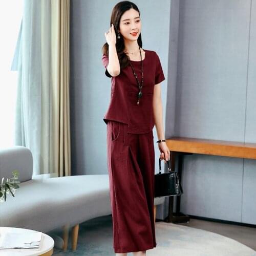 2021Summer Short-Sleeved Set Wide-Leg Pants Cotton Linen Casual Two-Piece Large Size Top Loose Three-Dimensional Decorative Suit