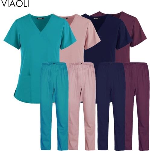 New high quality wholesale scrub suit comfortable and lightweight V-neck nursing top + pants outdoor dental pet beauty salon
