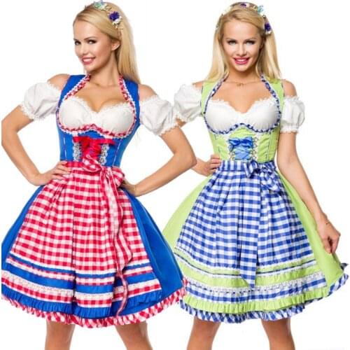 Lady Carnival Oktoberfest Costume Tavern Beerfest Waiter Dirndl Crop Top Plaid Apron Outfit Cosplay Halloween Fancy Party Dress