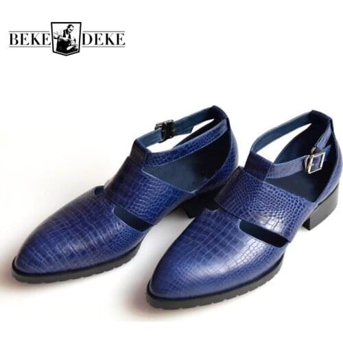 Fashion Mens Hollow Out Pointed Toe Sandals Buckle Genuine Leather Sandals Block Heels Shoes Men Rome Gladiator Leather Shoes