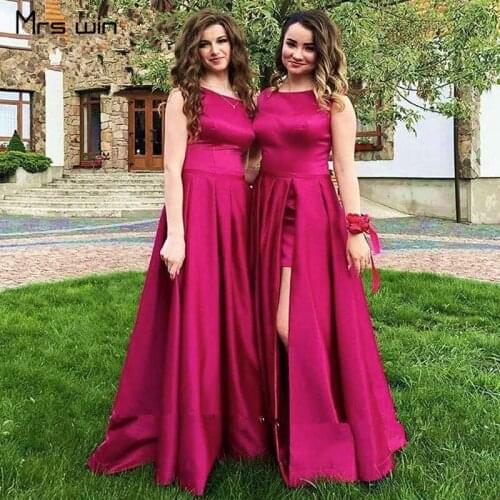 Mrs win Evening Dresses Under 50 Rose Red O-neck Sleeve Party Gowns For Girls Elegant Split A-line robe de soiree 2020 HR133