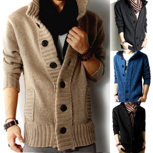 Men Autumn Stand Collar Buttons up Pockets Knitted Sweater Thickened Warm Coat