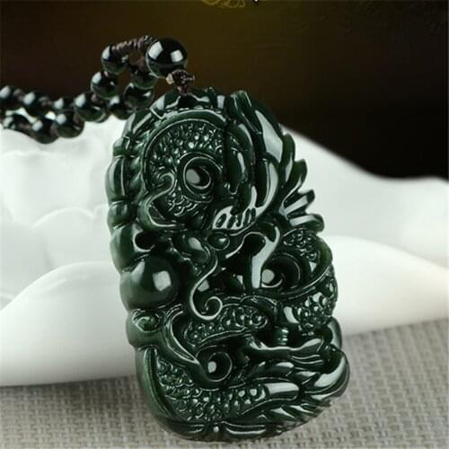 Natural Chinese HeTian Green Jade Hand-Carved Dragon Pendant Beads Necklace Fashion Jewelry for Men Women Auspicious Gifts