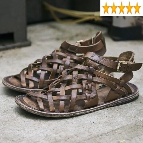 Cross Gladiator Mens Luxury Handmade Straps Cowhide Genuine Leather Vintage Open Toe Beach Sandals Buckle Male Shoes