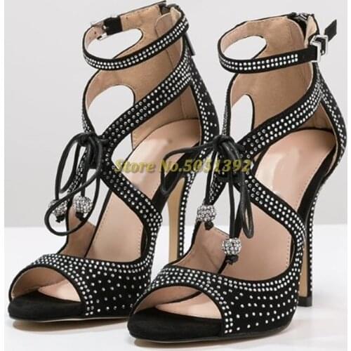 Sandales Fleur de Miss Round Open Toe Lace Up Ankle Strap Crystal Black Suede Thin Heel Sandals Dress Women Hihg Heel Shoes