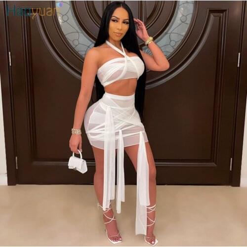 HAOYUAN Sexy Mesh Sheer Two Piece Set Summer Clothes for Women Crop Top and Mini Skirt Suits Vacation Club Outfits Matching Sets