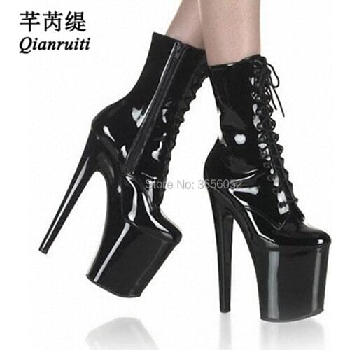 Qianruiti Nightclub Dance Party Platform Shoes Woman Black Patent Leather Fetish Boots Lace Up Extreme High Heels Ankle Boots