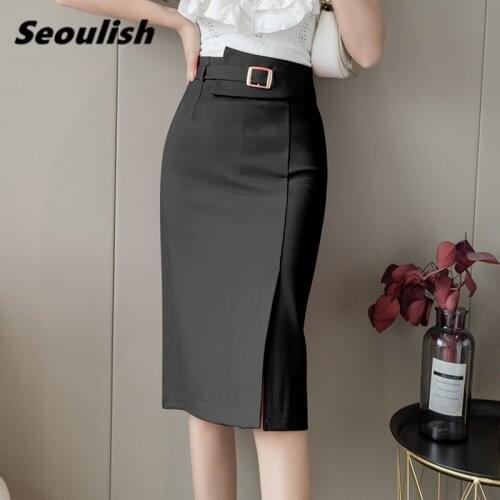 Seoulish Spring Summer Buttons Womens Wrap Midi Skirts 2021 New High Waist Workwear Front Split Sheath Pencil Skirts Female