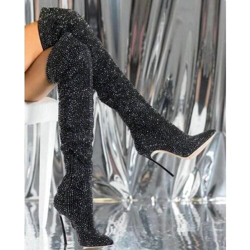 Sexy Pointed Toe Black Pu Leather Crystal Decor Over The Knee Spring Winter Long Boot Pointed Toe High Heel Boots