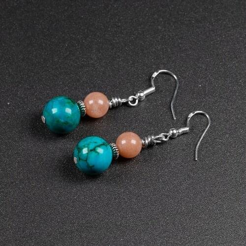 Women Trendy Statement Drop Earrings Natural 10MM Turquoise with 8MMSunstone Pendant Earrings Stone Beads brincos Boho Style