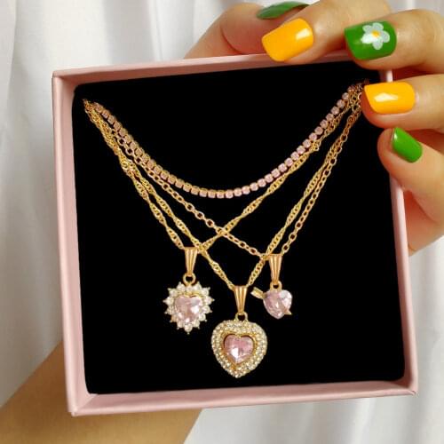 Flatfoosie Trendy Pink Heart Crystal Pendant Necklaces For Women Multi-layer Bling Rhinestone Heart Choker Necklace New Jewelry