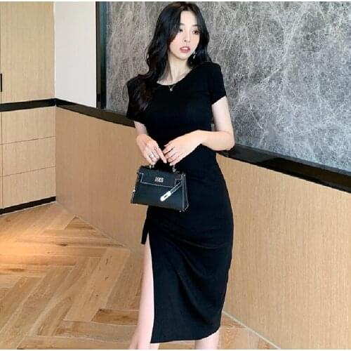 Women Summer Dress 2021 Korean Version Of French Temperament Drawstring Slit Dress Waist Mid-Length Slim Fit Hip Sexy Dress Y2k