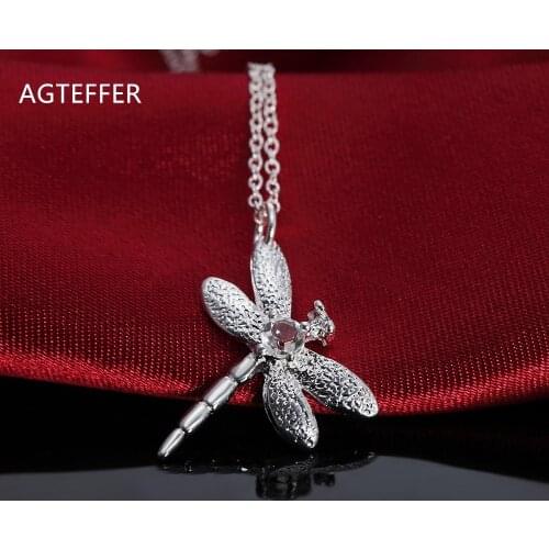 AGTEFFER 925 Sterling Silver 18 Inch Crystal Dragonfly Pendant Necklace For Women Fashion Wedding Party Charm Jewelry