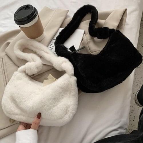 Winter Women Bag Faux Fur Elegant Solid Female Shoulder Bags Underarm Fashion Simple Ladies All Match Soft Plush Bags