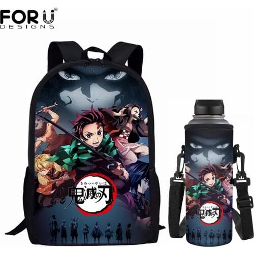 FORUDESIGNS Hot Sales Student Backpacks New Fashion Schoolbags Anime Demon Slayer Print School Bags Water Bottle Covers 2Pcs Set
