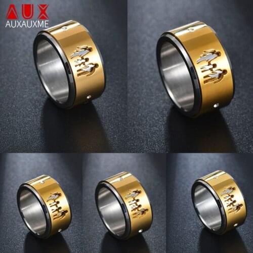 Auxauxme Hollow Family Ring Dad Mom Boy Girl Rotatable Stainless Steel Ring With CZ Stone Family Gift Fashion Jewelry Size 7-10