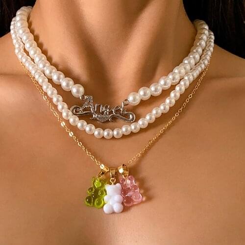Fine Imitation Pearl Multilayer Chain Choker Necklaces Temperament Jewelry Geometric Small Bear Letter Pendant For Women Colares