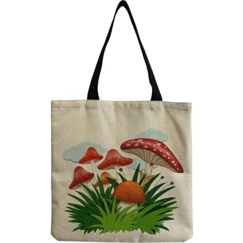 Daily Colorful Fresh Mushroom Print Cute Book Bags For Girls Practical Storage Shoulder Bag Fashion ECO Friendly Linen Handbag