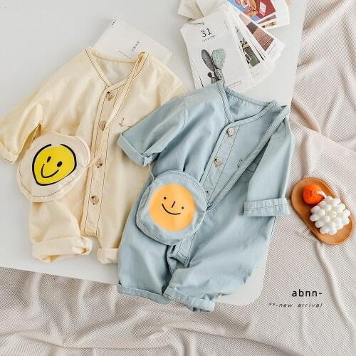 Candy Color Romper 2021 Toddlers Girls Long Sleeve Jumpsuit Spring Autumn Solid Cotton V-neck Boys Rompers With A Smile Bag