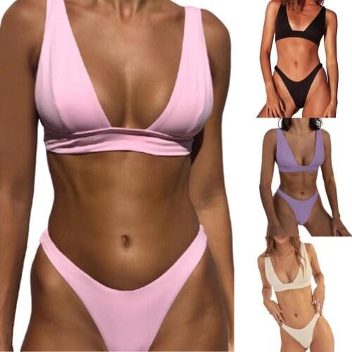 Bikini Set Solid Color Push Up Brassiere Two Pieces Set Women Deep V Neck Bra Briefs Swimwear for Summer