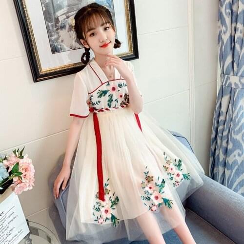 Chinese Style Girls Summer Dress Children 2021 Clothing Retro Embroidery Hanfu Costume Girl Meisjes Kleding