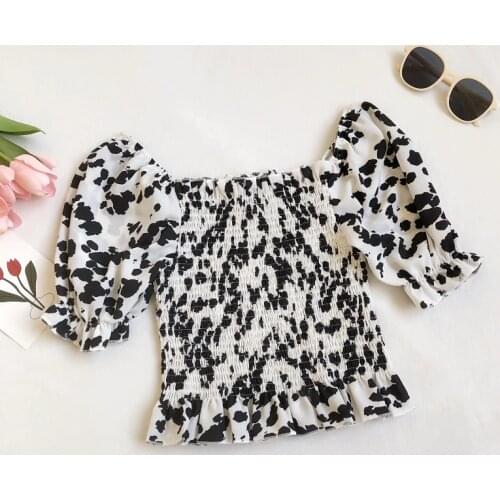 Summer Women Square Collar Puff Sleeve Basic Sexy Shirt Lady Short Elastic Slim High Waist Pullover Printed Chic Blouse Tops