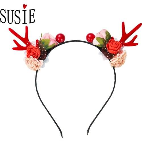 LOVE SUSIE Christmas Series Hair Clips Red Flower Flannel Antler Headband With Pearl Party Jewelery Headwear