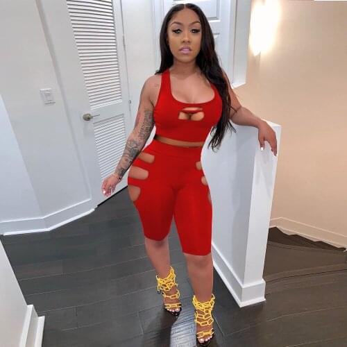VAZN 2021 New Arrival Hollow Out Free Young Sexy Mini Tank Knee Length Women 2 Piece Set Gym Sport Suit Women Active Wear
