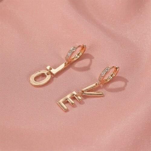 New European Vogue Novel Asymmetric Designed LOVE Letter Small Hoop Earrings with Charm Rhinestone for Women Metal Gold