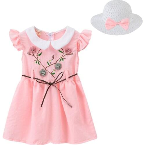 1-8Y Girls Dresses Kids Summer Dress for Girls Kids Embroidered Floral Dress With Hat Baby Outfits Princess Part Dress