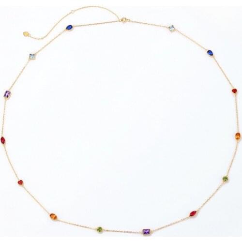 18K Gold-Plated 925 Sterling Silver Necklace With A Length Of 75 Cm, Composed Of Colored Gemstones For Double Wear