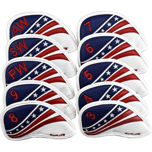 SAPLIZE 10PCS Golf Iron Head Covers Set Synthetic Leather US Flag Golf Club Head Cover Wedge Iron Protective Headcover