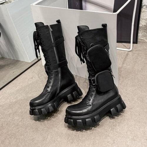Gorgeous Women 2020 Trendy Boots Leather Pocket Motorcycle Boots Knight Boots Women Chunky Sole Platform Military Shoes
