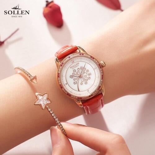 SOLLEN Women Elegant Automatic Mechanical Watch Women Luxury Rhinestone Hollow Design Luminous Hands Watch Genuine Leather Strap