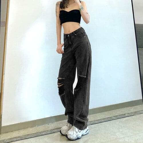 Women Ripped Jeans Stretch Fashion High Waist Mom Denim Trousers Ladies Loose Hole Pants Casual Street Straight-leg Pants