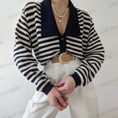 2021 new regular spring and autumn retro navy blue lapel striped sweater cardigan trendy female jacket