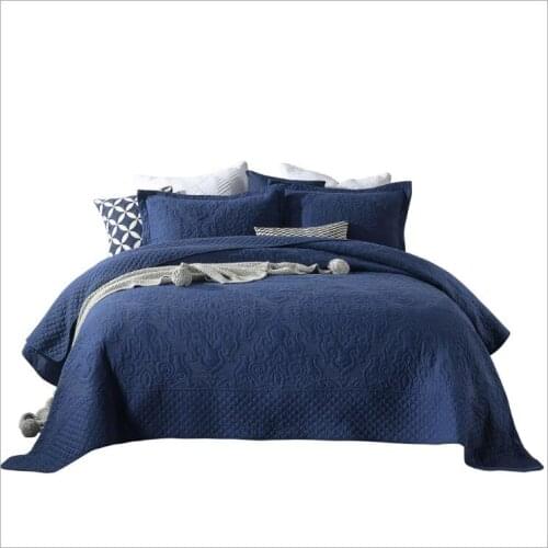 New Blue Bedspread Cotton Bed Cover Super King Size 230x250cm Blanket Pillowcases 3pcs