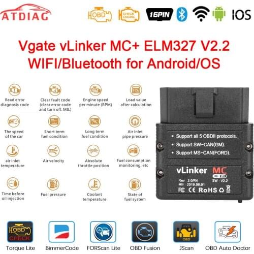 Original Vgate vLinker MC+ ELM 327 V2.2 Bluetooth 4.0 WIFI ELM327 For Android/IOS Scanner OBD 2 OBD2 Car Diagnostic Auto Tool