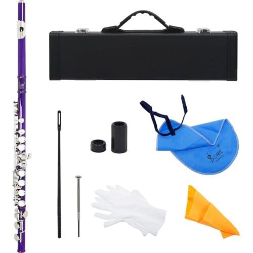 M MBAT Purple 16 Holes Flute C Tone Closed Hole Silver Key Cupronickel Flute Woodwind Instrument With Flute Case Cleaning Cloth