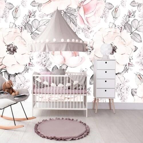 Amie 9M Zone customerize size mural wallpapers girls bedroom floral wallpapers baby pink white background wall-papers