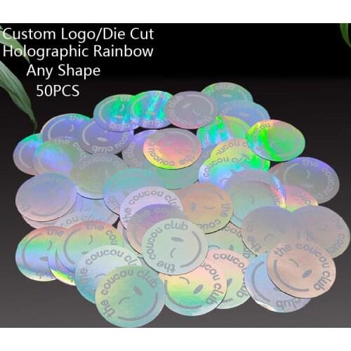 50PCS Holographic Rainbow Custom Logo Printing Sticker Label